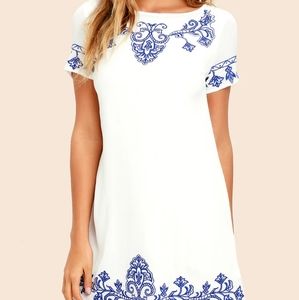 Lulus Blue and Ivory Embroidered Shift Dress